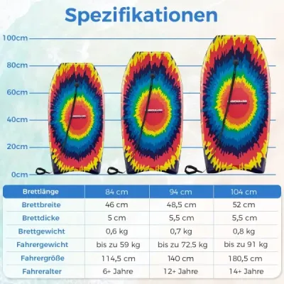 Bodyboard 104 cm, lehký, jádro z EPS, horní vrstva z XPE, spodní vrstva z HDPE, záď ve tvaru půlměsíce, poutko na zápěstí, pro pláž, moře, bazén