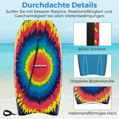 Bodyboard 104 cm, lehký, jádro z EPS, horní vrstva z XPE, spodní vrstva z HDPE, záď ve tvaru půlměsíce, poutko na zápěstí, pro pláž, moře, bazén