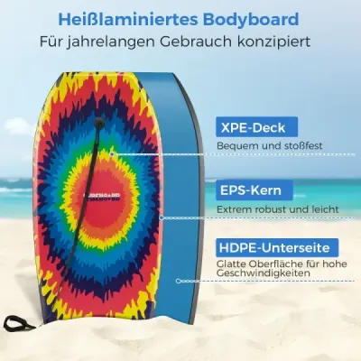 Bodyboard 104 cm, lehký, jádro z EPS, horní vrstva z XPE, spodní vrstva z HDPE, záď ve tvaru půlměsíce, poutko na zápěstí, pro pláž, moře, bazén