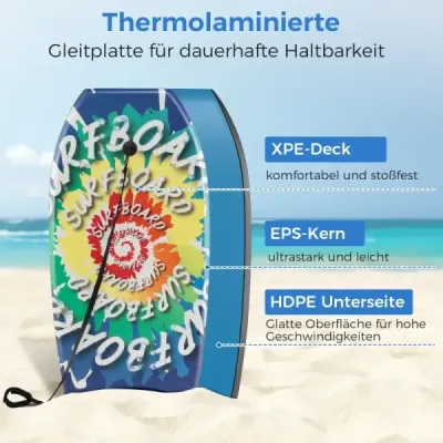 Bodyboard 104 cm, jádro z EPS, horní vrstva z XPE, spodní vrstva z HDPE, šňůra, pro pláž, bazén a moře