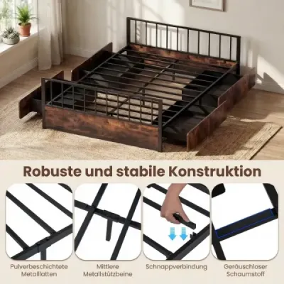 140 x 200 cm Rám postele se 2 zásuvkami, čelem a nožním čelem Průmyslová manželská postel s roštem