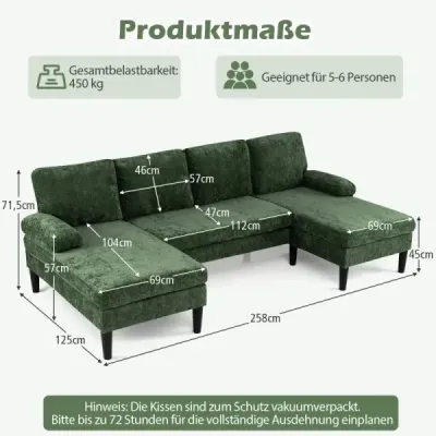 Pohovka ve tvaru písmene U pro 5–6 osob, rohová pohovka Clound s potahem z manšestru, moderní rozkládací pohovka, zelená