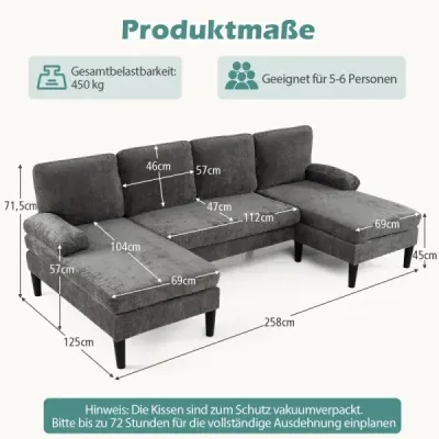 Pohovka ve tvaru písmene U pro 5–6 osob, rohová pohovka Clound s potahem z manšestru, moderní rozkládací pohovka, šedá