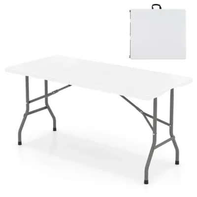 Skládací kempingový stůl s deskou z HDPE a rukojetí – zahradní stůl, skládací stůl, 152 x 70 cm, bílý