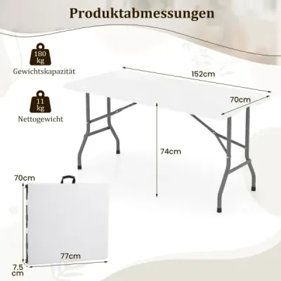 Skládací kempingový stůl s deskou z HDPE a rukojetí – zahradní stůl, skládací stůl, 152 x 70 cm, bílý