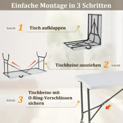Skládací kempingový stůl s deskou z HDPE a rukojetí – zahradní stůl, skládací stůl, 152 x 70 cm, bílý