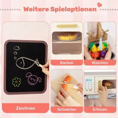 Dřevěná rohová dětská kuchyňka se světlem a zvukem, včetně ledničky a mikrovlnné trouby, pro děti od 3 let, růžová