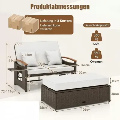 3 v 1 ratanový nábytkový set Lounge Dvojité lehátko Denní postel Zahradní pohovka Pohovka 2místná s podnožkou Bílá