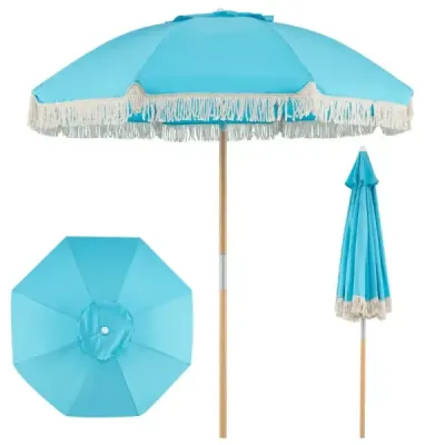 Slunečník Boho, sklopný na obě strany o 30°, 170 cm, zahradní slunečník s třásněmi, balkonový slunečník, modrý