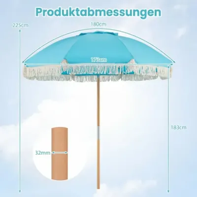 Slunečník Boho, sklopný na obě strany o 30°, 170 cm, zahradní slunečník s třásněmi, balkonový slunečník, modrý