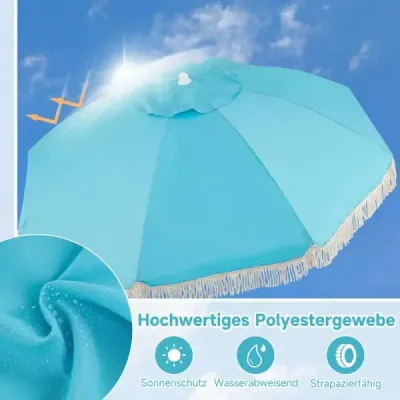 Slunečník Boho, sklopný na obě strany o 30°, 170 cm, zahradní slunečník s třásněmi, balkonový slunečník, modrý