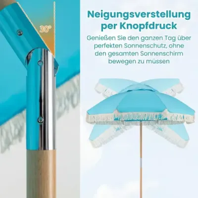 Slunečník Boho, sklopný na obě strany o 30°, 170 cm, zahradní slunečník s třásněmi, balkonový slunečník, modrý