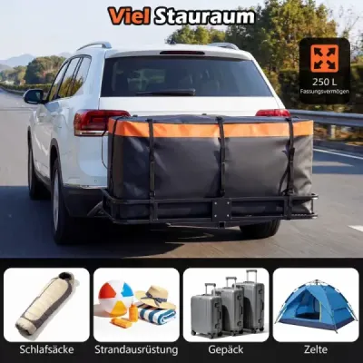 Zadní box na tažné zařízení, 255 l, PVC, voděodolný, skládací, se zesílenými popruhy, taška na zavazadla do auta, oranžová + černá