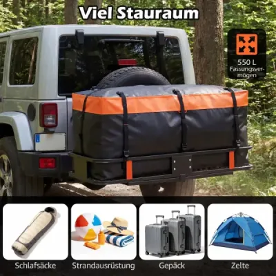 Zadní box na tažné zařízení 566L, PVC, voděodolný, skládací, se zesílenými popruhy, taška na auto, oranžová + černá