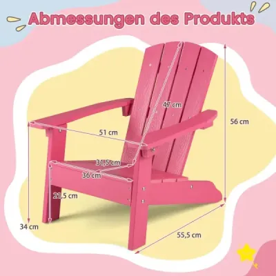 Dětská židle Adirondack z HIPS plastu, 105°, ergonomická, nosnost do 75 kg, pro děti od 3 do 8 let, růžová