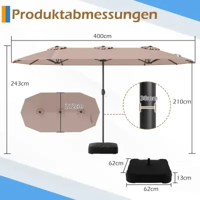 Dvojitý slunečník 400 x 212 cm, obdélníkový, s klikou, slunečník se stojanem, na balkon a terasu, světle hnědý