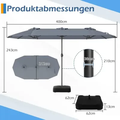 Dvojitý slunečník 400 x 212 cm, obdélníkový, s klikou, slunečník se stojanem, na balkon a terasu, šedý