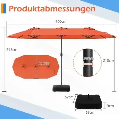 Dvojitý slunečník 400 x 212 cm, obdélníkový, s klikou, slunečník na stojanu, na balkon nebo terasu, oranžový