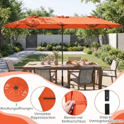Dvojitý slunečník 400 x 212 cm, obdélníkový, s klikou, slunečník na stojanu, na balkon nebo terasu, oranžový