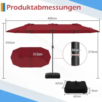 Dvojitý slunečník 400 x 212 cm, obdélníkový, s klikou, slunečník na stojanu, na balkon nebo terasu, vínově červený