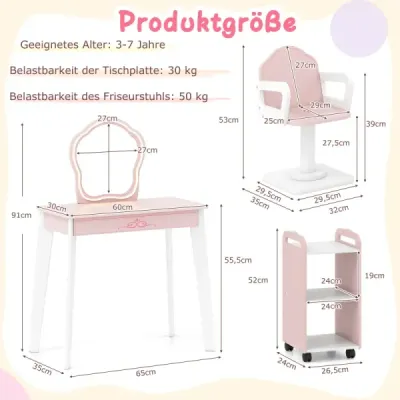 Dětský toaletní stolek, otočná židle, kadeřnický vozík, zrcadlo, osvětlení, příslušenství, 3–7 let, růžová + bílá