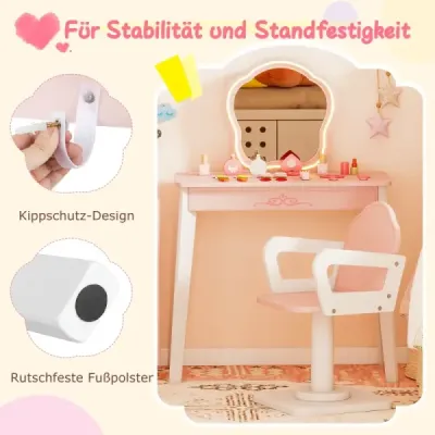 Dětský toaletní stolek, otočná židle, kadeřnický vozík, zrcadlo, osvětlení, příslušenství, 3–7 let, růžová + bílá