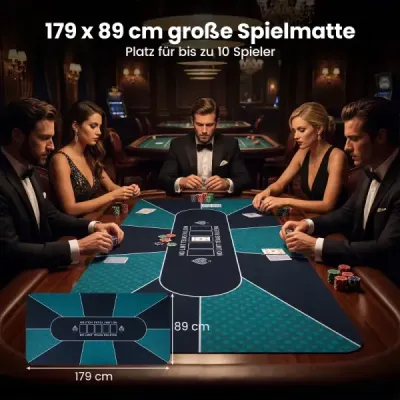 Pokerová podložka 179 x 89 cm, Texas Hold'em, voděodolná, protiskluzová, pro 10 hráčů, Party Casino, černá a zelená