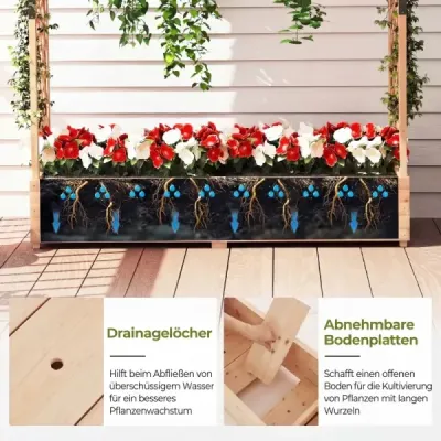 Květináč z jedlového dřeva, mřížka na popínavé rostliny, střecha, odtokové otvory, terasa, balkon, přírodní