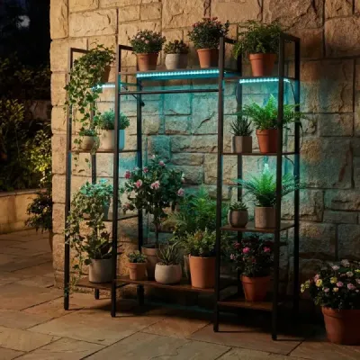 Stojan na rostliny s LED osvětlením pro pěstování, 10 polic, kovový, 120 x 29,5 x 141 cm, hnědý