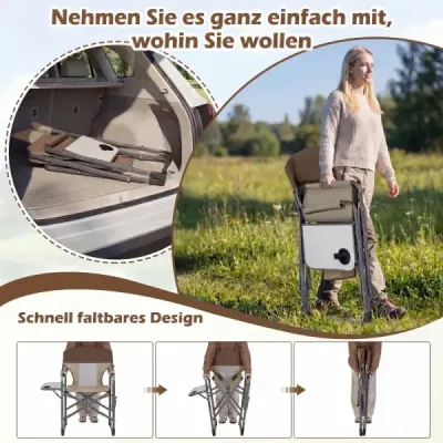 Skládací režisérská židle s bočním stolkem a taškou, nosnost 180 kg, na kempování a rybaření, hnědá