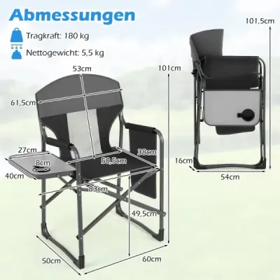 Skládací režisérská židle s bočním stolkem a taškou, nosnost 180 kg, na kempování a rybaření, černá