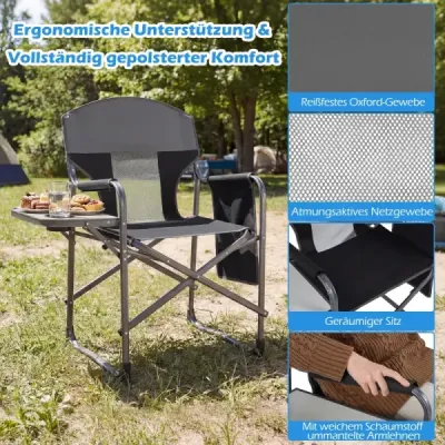 Skládací režisérská židle s bočním stolkem a taškou, nosnost 180 kg, na kempování a rybaření, černá