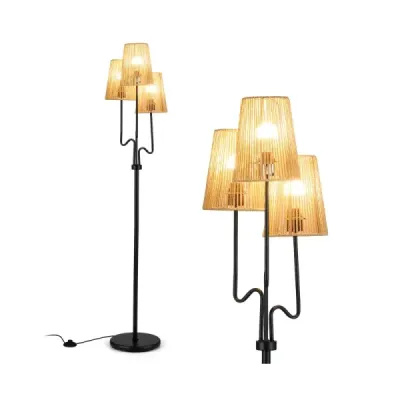 175 cm vysoká stojací lampa, tříramenná stojací lampa s kovovou základnou a stínidlem z papírového pletiva, lampa na čtení