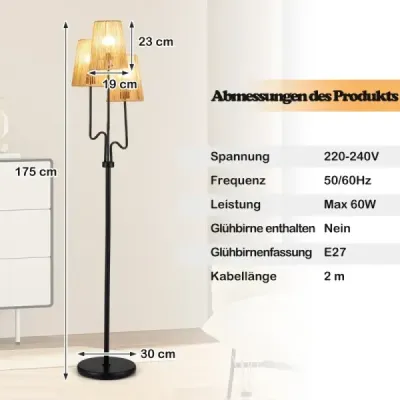 175 cm vysoká stojací lampa, tříramenná stojací lampa s kovovou základnou a stínidlem z papírového pletiva, lampa na čtení