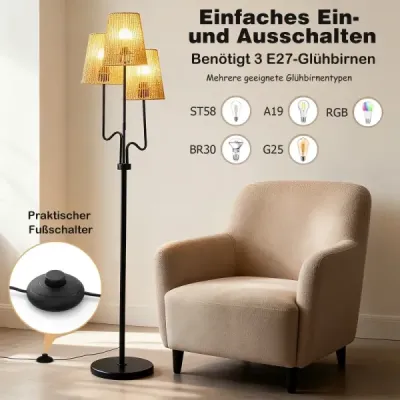 175 cm vysoká stojací lampa, tříramenná stojací lampa s kovovou základnou a stínidlem z papírového pletiva, lampa na čtení