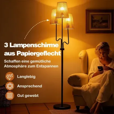 175 cm vysoká stojací lampa, tříramenná stojací lampa s kovovou základnou a stínidlem z papírového pletiva, lampa na čtení