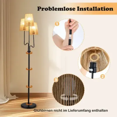 175 cm vysoká stojací lampa, tříramenná stojací lampa s kovovou základnou a stínidlem z papírového pletiva, lampa na čtení