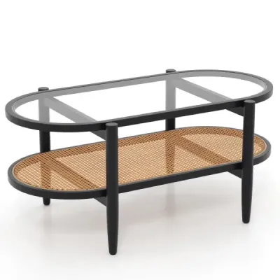 Oválný konferenční stolek s skleněnou deskou a ratanovou policí, 102 x 56 x 47 cm, černý + přírodní