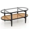 Oválný konferenční stolek s skleněnou deskou a ratanovou policí, 102 x 56 x 47 cm, černý + přírodní