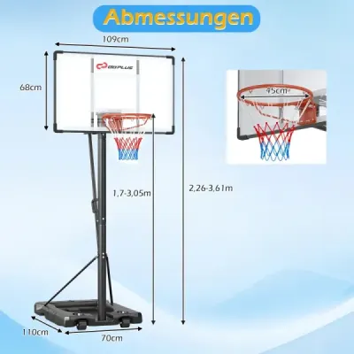 Basketbalový koš se stojanem, 2 kolečky a závaží – výškově nastavitelný basketbalový stojan