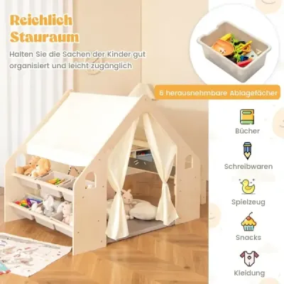Dřevěný dětský stan 6 v 1 s dětským stolem a židlí a podložkou a tabulí na hraní 145 x 98 x 113 cm