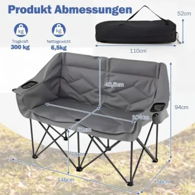 Kempingová židle pro 2 osoby, kempingová pohovka XXL s držáky na nápoje a síťovými kapsami, skládací židle, šedá