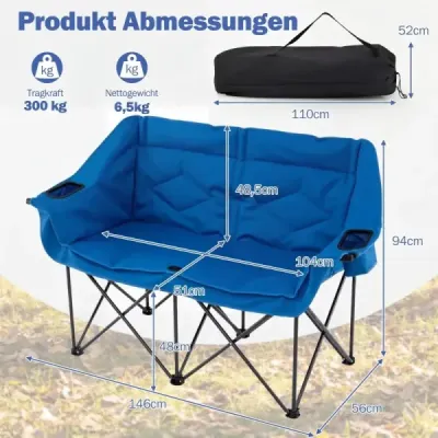 Kempingová židle pro 2 osoby, kempingová pohovka XXL s držáky na nápoje a síťovými kapsami, skládací židle, tmavě modrá