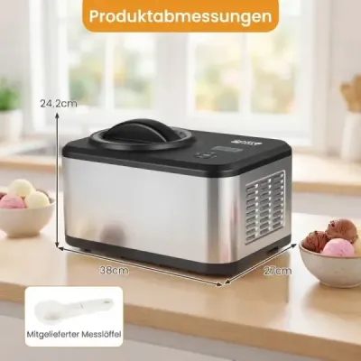 1,5 l kompresorová zmrzlinovačka z nerezové oceli s LCD displejem a časovačem, na zmrzlinu a jogurt, stříbrná + černá