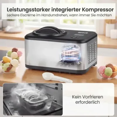 1,5 l kompresorová zmrzlinovačka z nerezové oceli s LCD displejem a časovačem, na zmrzlinu a jogurt, stříbrná + černá