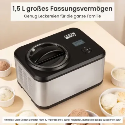 1,5 l kompresorová zmrzlinovačka z nerezové oceli s LCD displejem a časovačem, na zmrzlinu a jogurt, stříbrná + černá