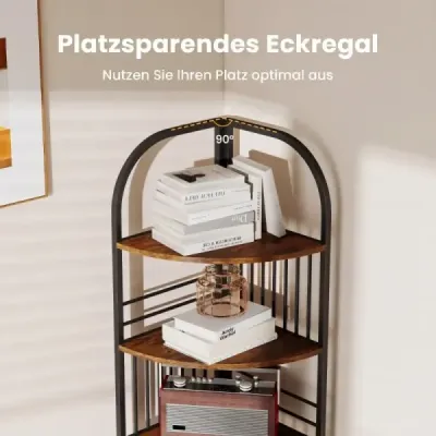 6patrový rohový regál, 181,5 cm, kovový rám, úložný prostor, stojan na květiny, do obývacího pokoje, rustikální styl, hnědá a černá