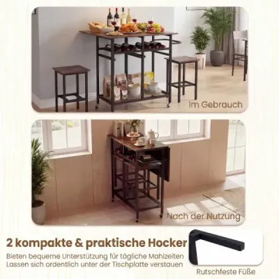 3dílná rozkládací jídelní sada na kolečkách, skládací, regál na víno, do malých prostor, rustikální, hnědá