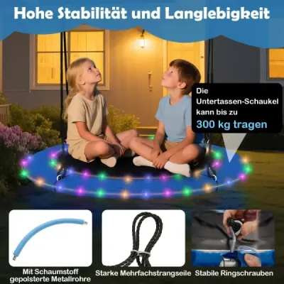 Houpačka hnízdo Ø100cm LED osvětlení Nastavitelné lano do 150kg Zahradní hřiště Modrá