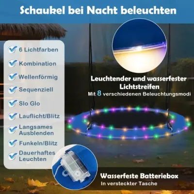 Houpačka hnízdo Ø100cm LED osvětlení Nastavitelné lano do 150kg Zahradní hřiště Modrá